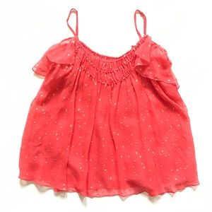 Rebecca Taylor Top Shirt Womens 2 Orange Gold Dot Smocked Cold Shoulder Flutter